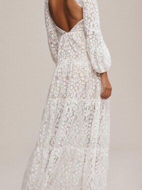 Dress the Population Lyra White Embroidered Tiered Maxi Gown Puff Sleeve Large